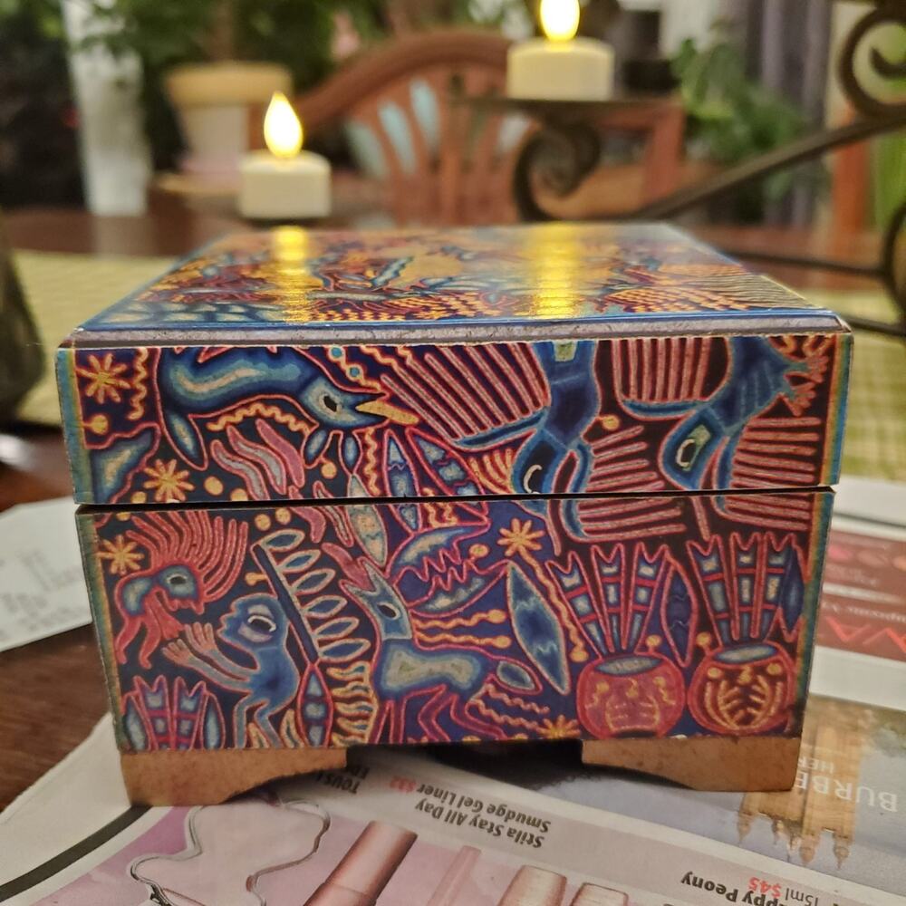 Novica Huichol Theme Decoupage on Pinewood Jewelry Box Storage Box
